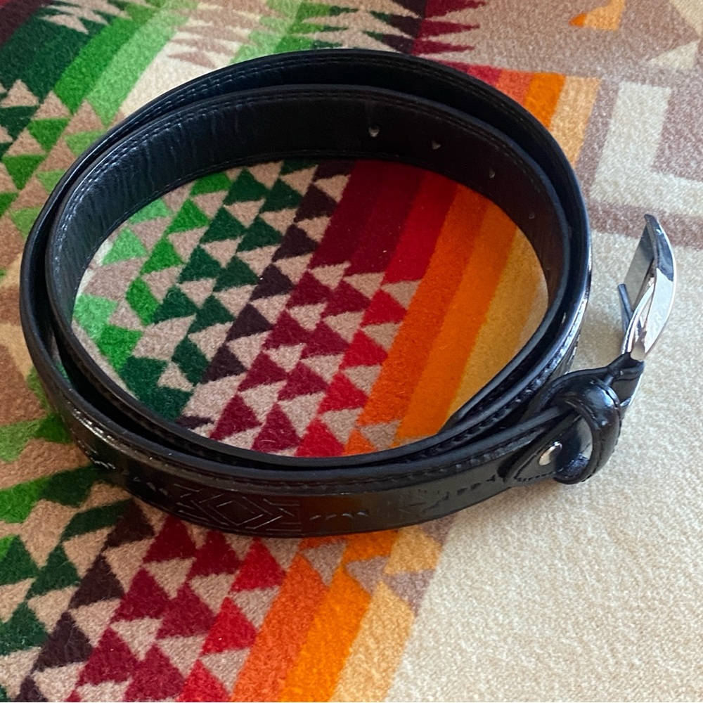 Canyon Sky Black Belt – Southwest Geometric Embossed – Silver Buckle – 44” Long - Picture 6 of 9